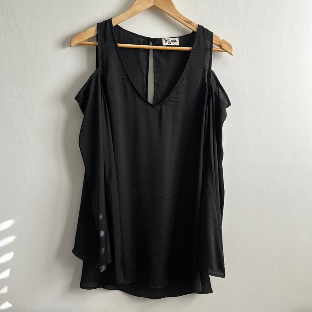 Show Me Your Mumu black cold shoulder satin tunic